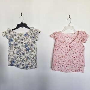 Junior's Floral Print Blouses - Ivory/Blue and Pink Size Small